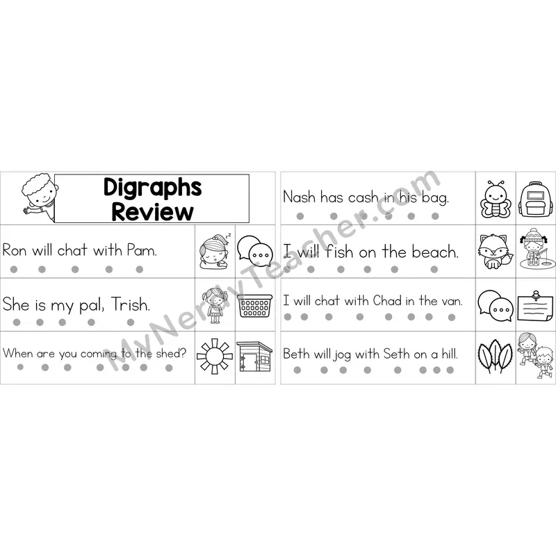 Editable Digraphs Review Decodable Sentence Strips (Black and White)