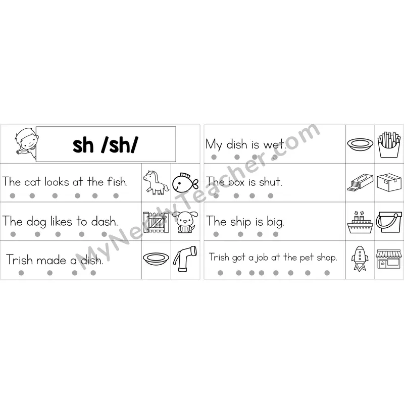 Editable sh Digraph Decodable Sentence Strips (Black and White)