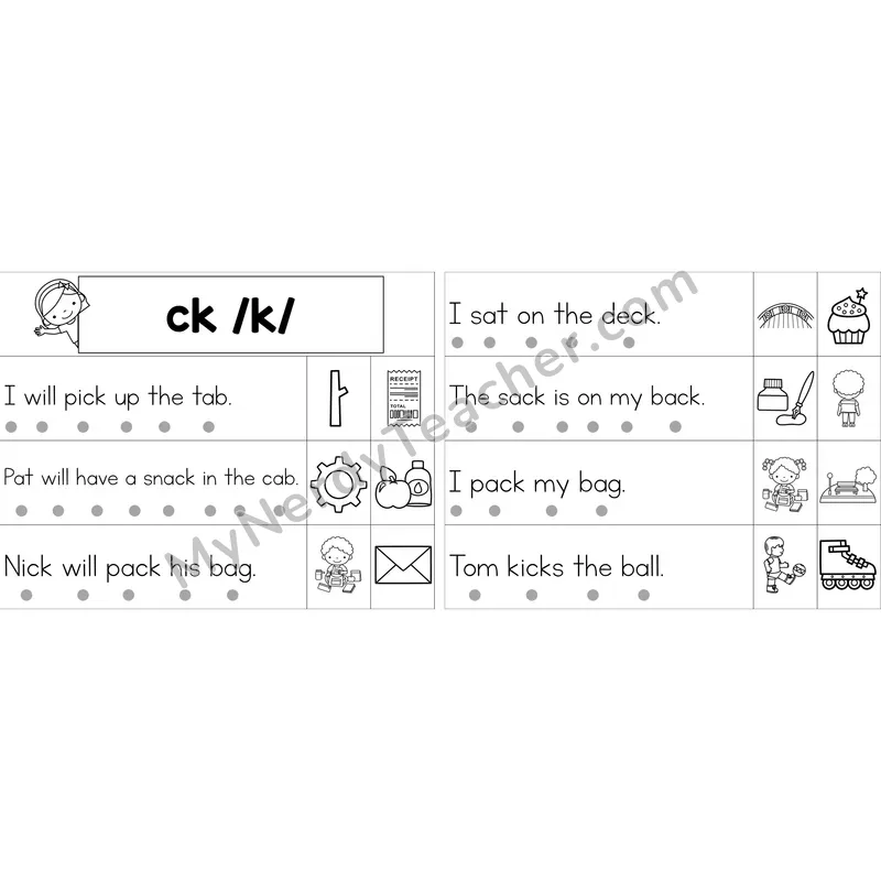 Editable ck Digraph Decodable Sentence Strips (Black and White)