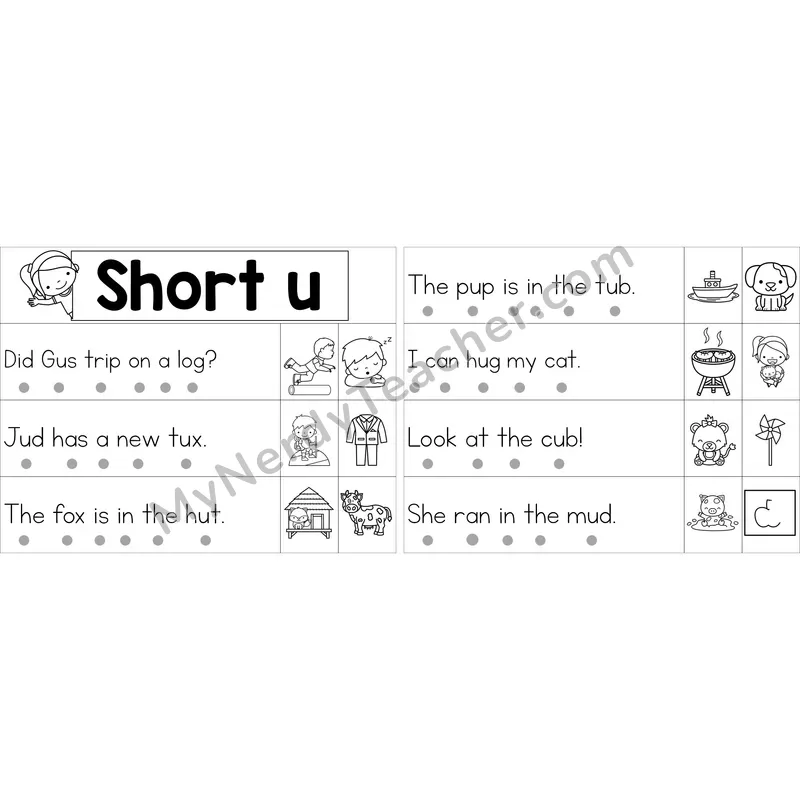 Editable Short U Decodable Sentence Strips (Black and White)