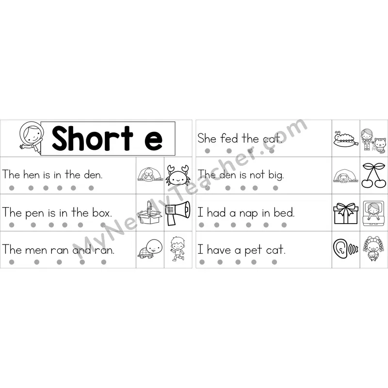 Editable Short E Decodable Sentence Strips (Black and White)