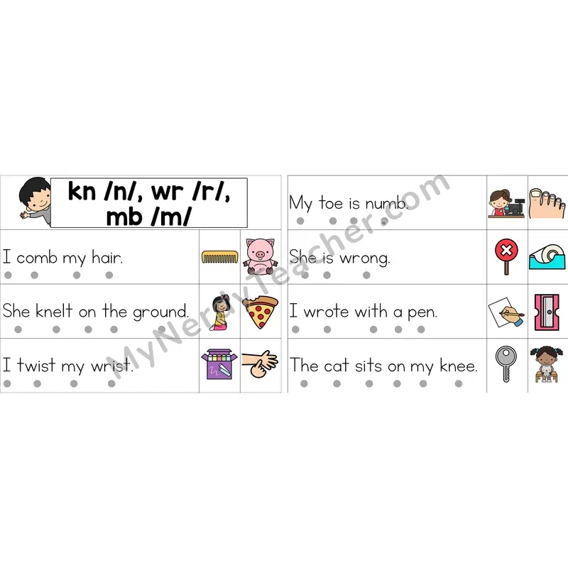 Editable Silent Letters kn, wr, mb Decodable Sentence Strips (Color)