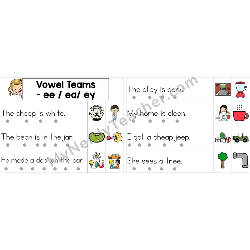 Editable ee, ea, ey Vowel Team Decodable Sentence Strips (Color)