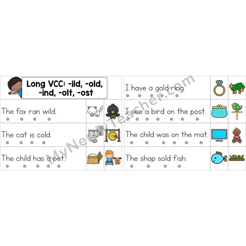 Editable Long VCC (-ild, -old, -ind, -olt, -ost) Decodable Sentence Strips (Color)