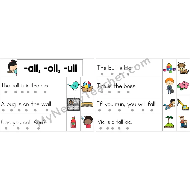 Editable Glued Sounds -all, -oll, -ull Decodable Sentence Strips (Color)