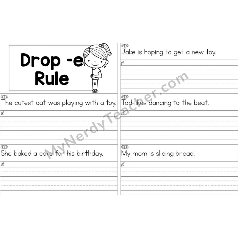 Editable Drop -e Rule Read and Write Sentences (Black and White)