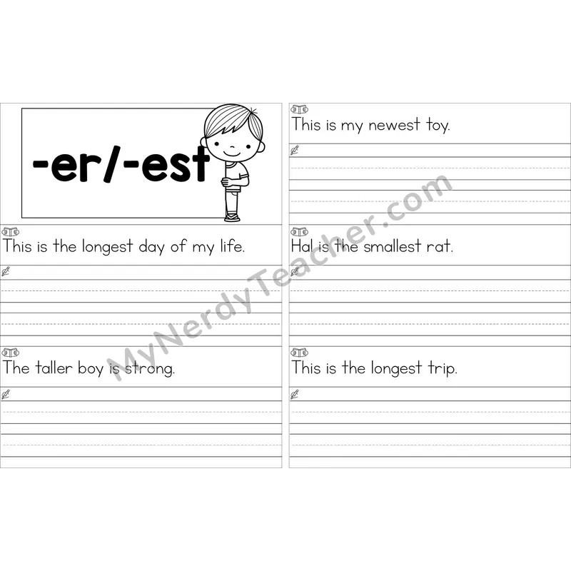 Editable Suffixes -er, -est Read and Write Sentences (Black and White)