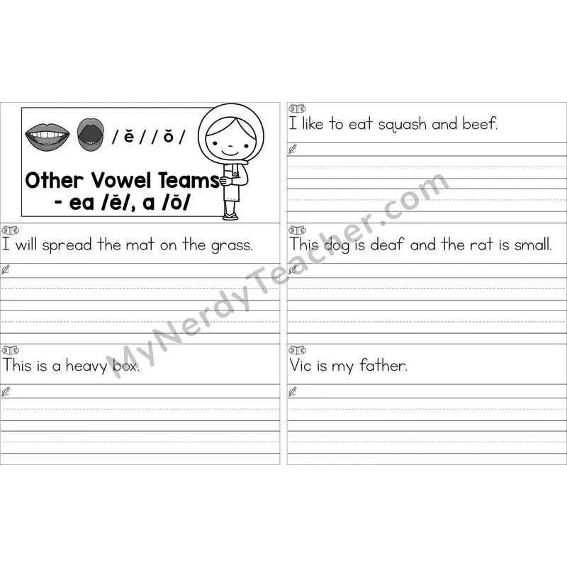 Editable ea (short e), a (short o) Read and Write Sentences (Black and White)