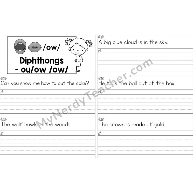 Editable ou, ow Diphthong Read and Write Sentences (Black and White)
