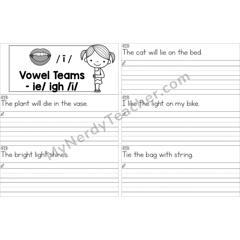 Editable ie, igh Vowel Team Read and Write Sentences (Black and White)