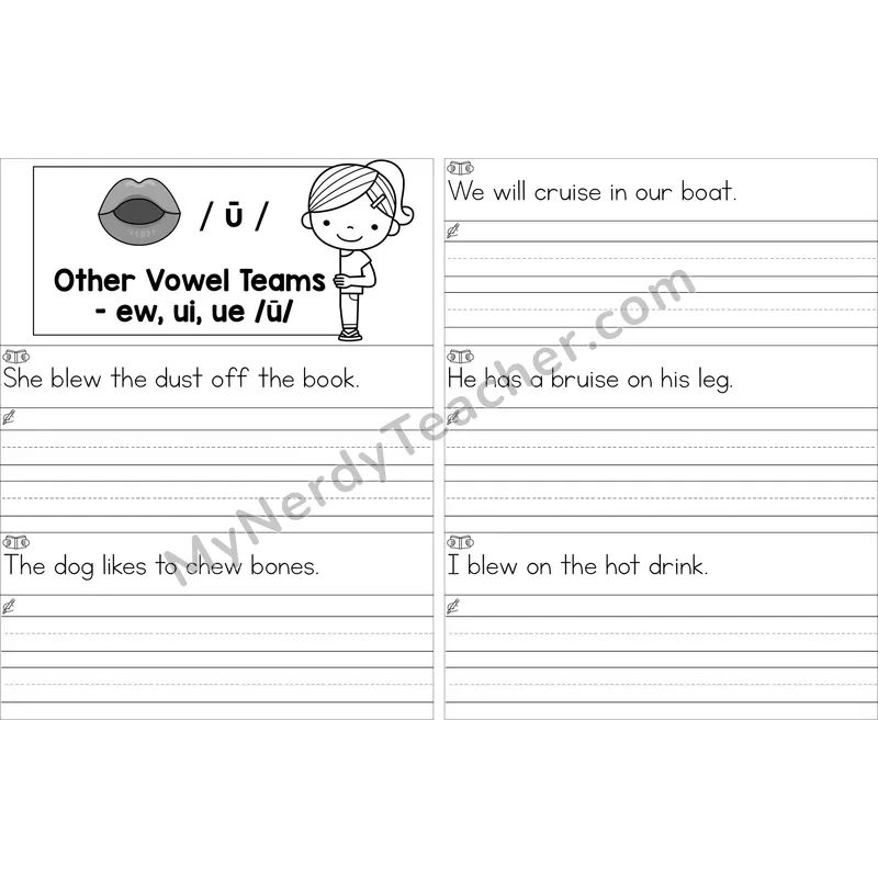 Editable ew, ui, ue Vowel Team Read and Write Sentences (Black and White)
