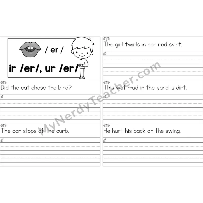 Editable ir, ur (R-Controlled) Read and Write Sentences (Black and White)