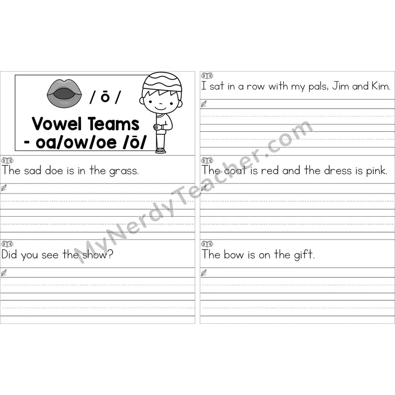 Editable oa, ow, oe Vowel Team Read and Write Sentences (Black and White)