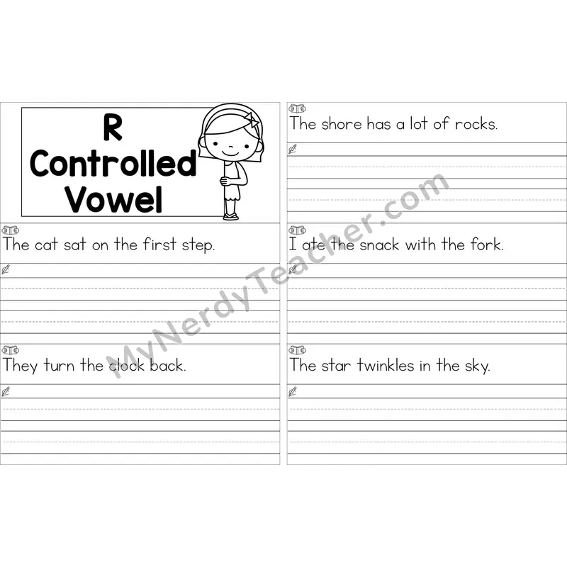 Editable R-Controlled Vowels Review Read and Write Sentences (Black and White)