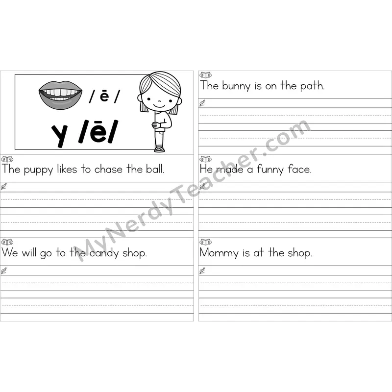 Editable y as Long E Read and Write Sentences (Black and White)