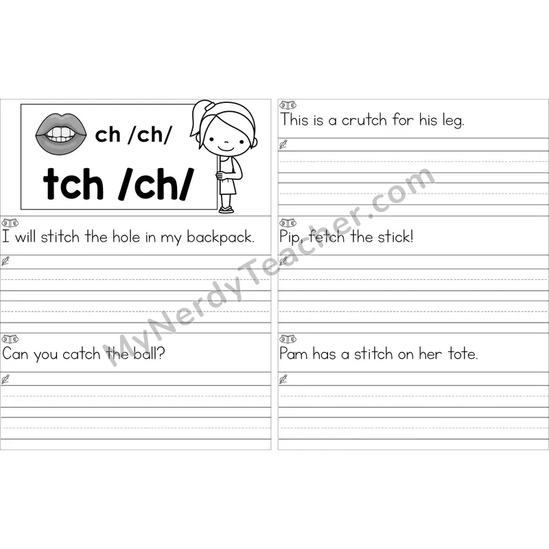 Editable tch Trigraph Read and Write Sentences (Black and White)