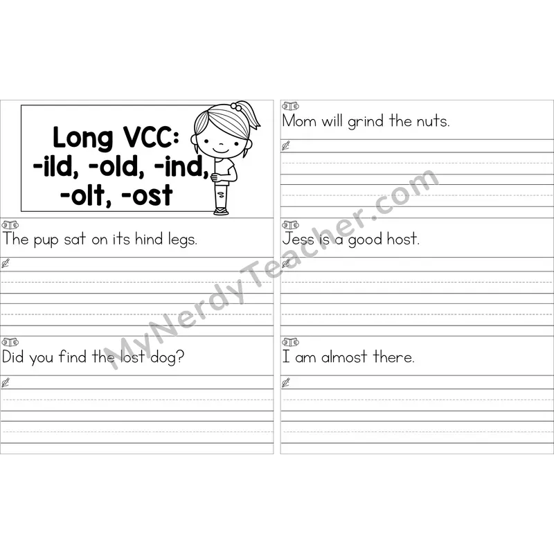 Editable Long VCC (-ild, -old, -ind, -olt, -ost) Read and Write Sentences (Black and White)