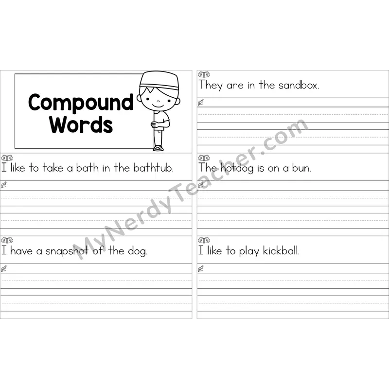 Editable Compound Words Read and Write Sentences (Black and White)