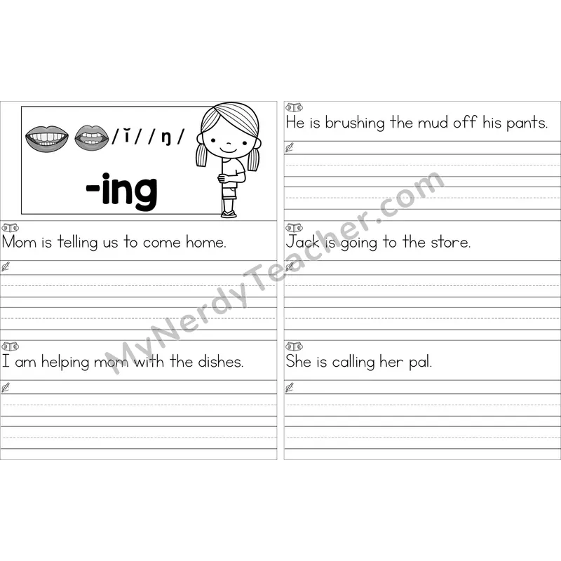 Editable Inflectional -ing Read and Write Sentences (Black and White)
