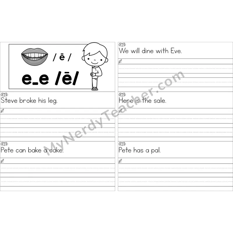 Editable e_e (Long E VCe) Read and Write Sentences (Black and White)
