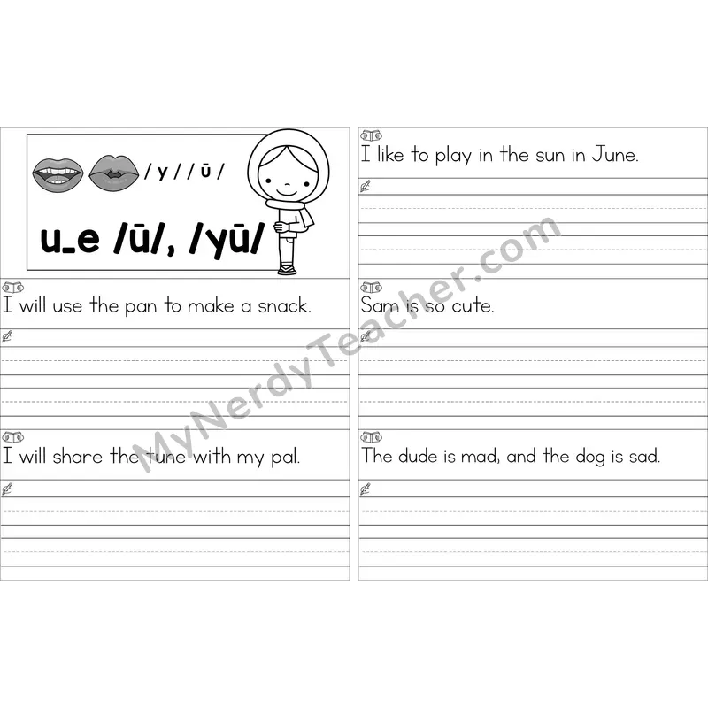 Editable u_e (Long U VCe) Read and Write Sentences (Black and White)