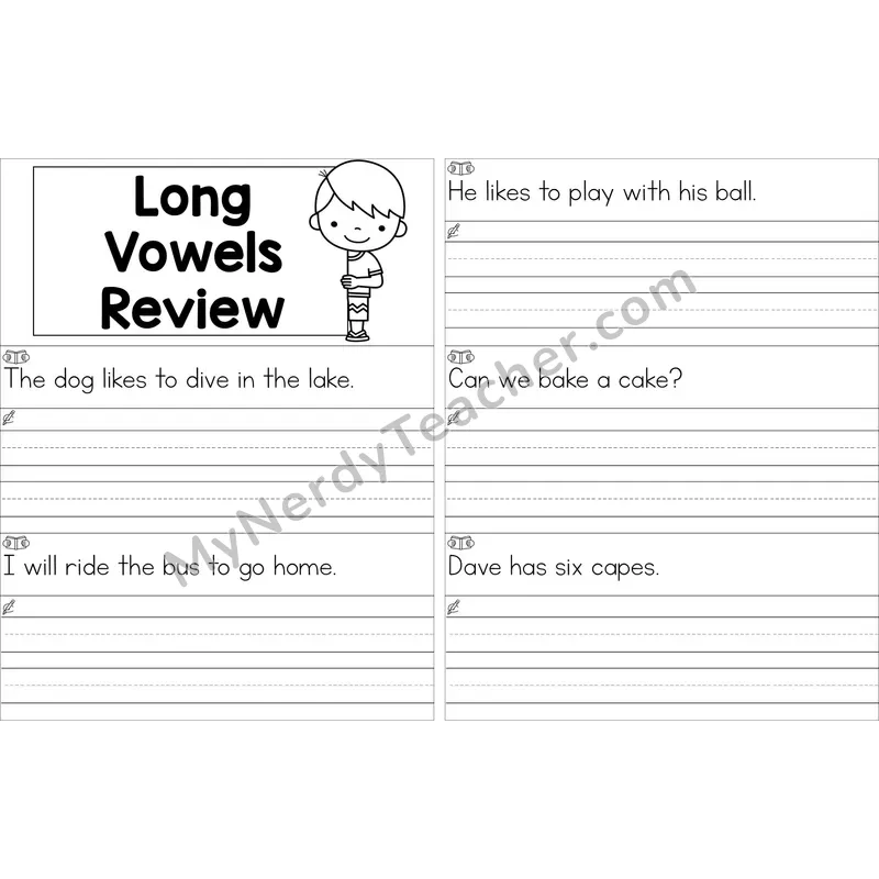 Editable Long Vowels VCe Review Read and Write Sentences (Black and White)