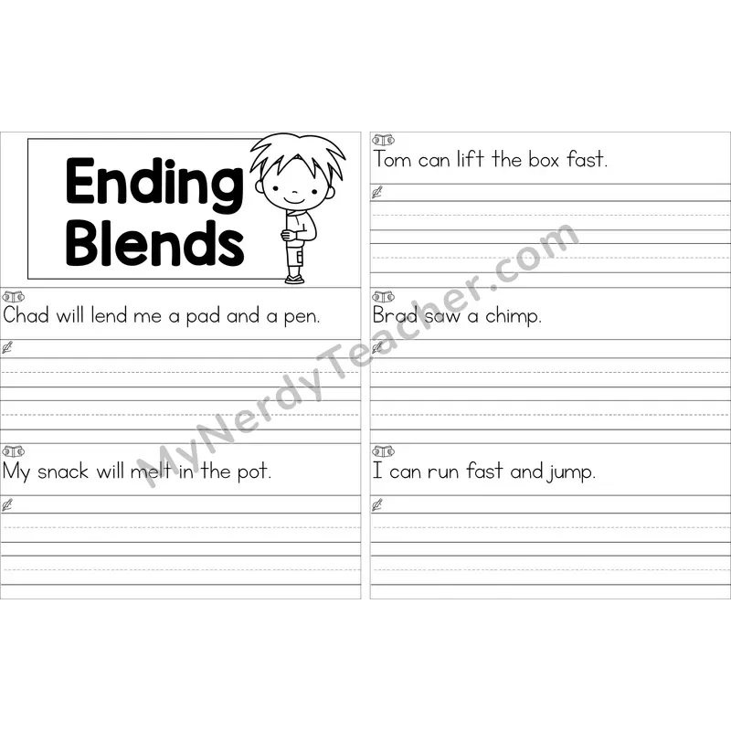 Editable Ending Blends Read and Write Sentences (Black and White)
