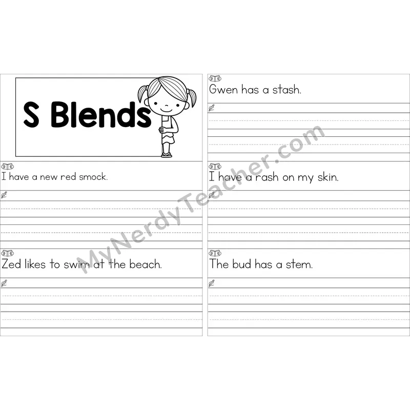 Editable S Blends Read and Write Sentences (Black and White)