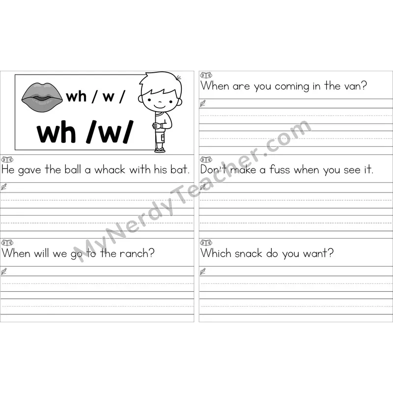 Editable wh Digraph Read and Write Sentences (Black and White)