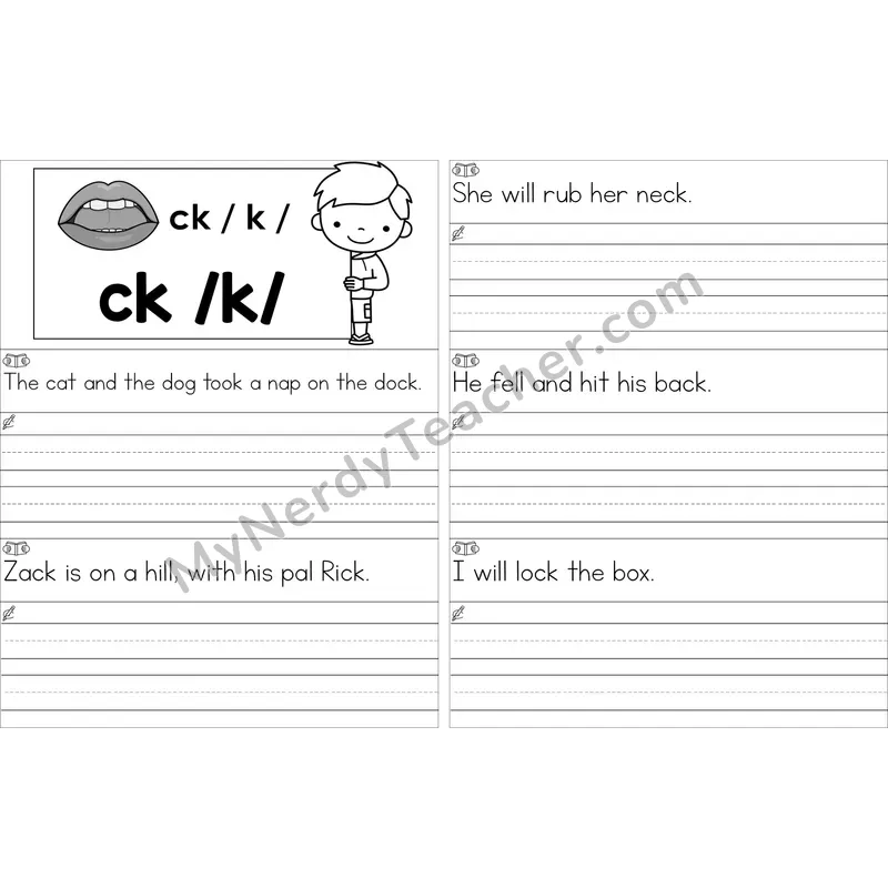 Editable ck Digraph Read and Write Sentences (Black and White)
