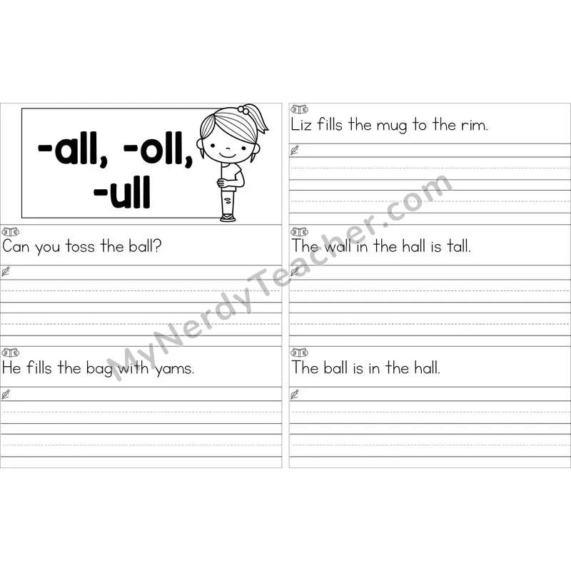 Editable Glued Sounds -all, -oll, -ull Read and Write Sentences (Black and White)