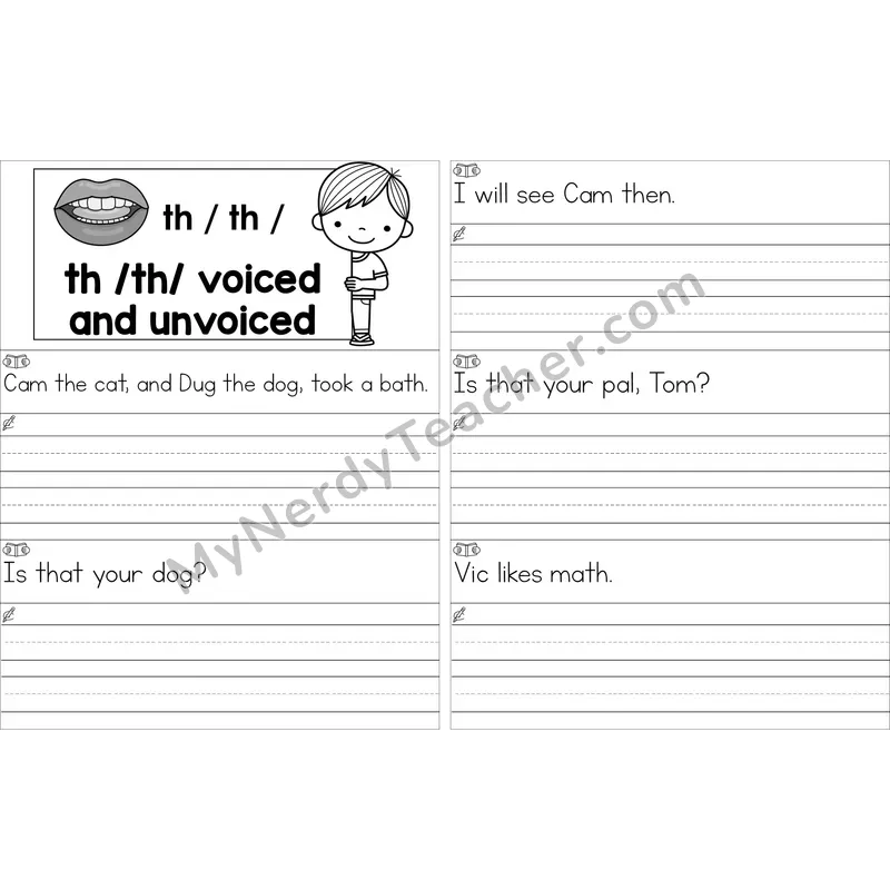 Editable Voiced and Unvoiced th Read and Write Sentences (Black and White)