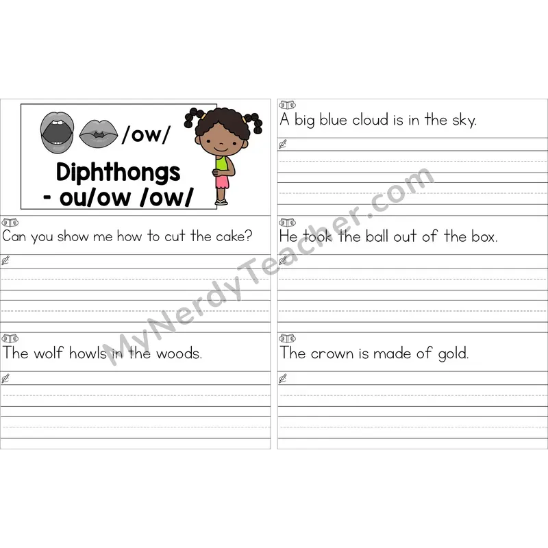 Editable ou, ow Diphthong Read and Write Sentences (Color)
