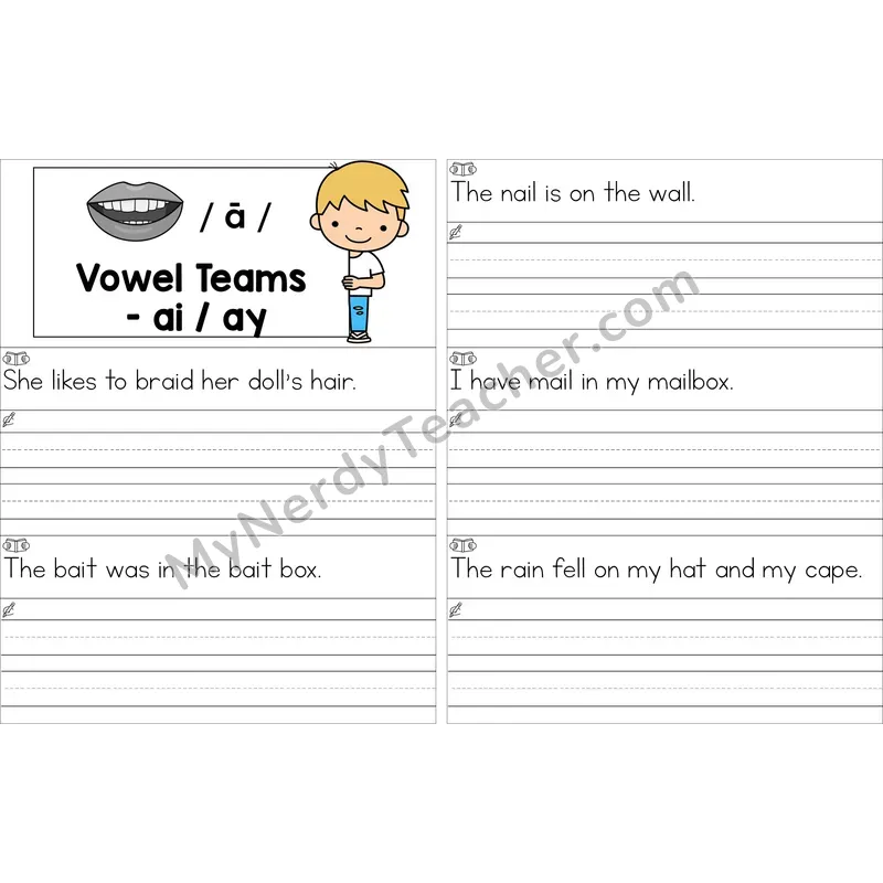 Editable ai, ay Vowel Team Read and Write Sentences (Color)