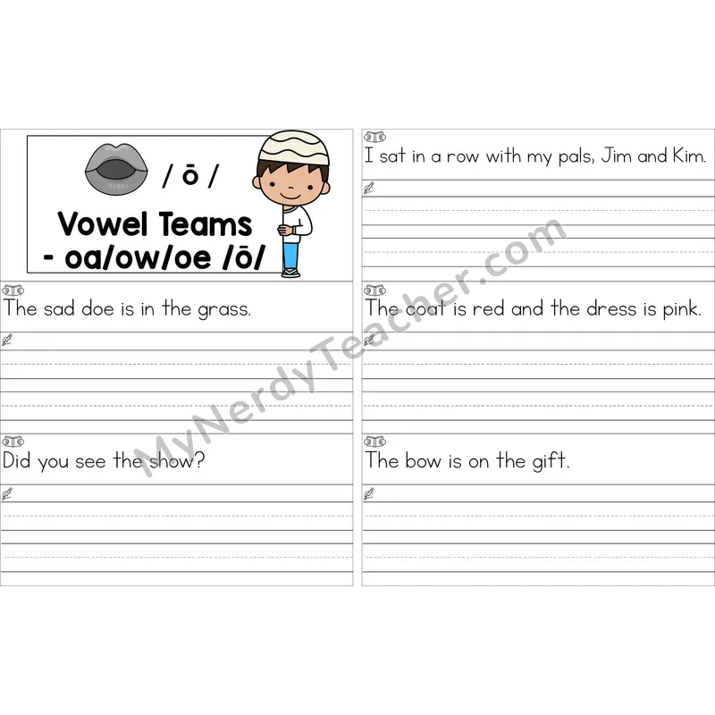 Editable oa, ow, oe Vowel Team Read and Write Sentences (Color)