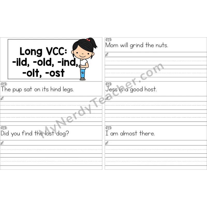 Editable Long VCC (-ild, -old, -ind, -olt, -ost) Read and Write Sentences (Color)