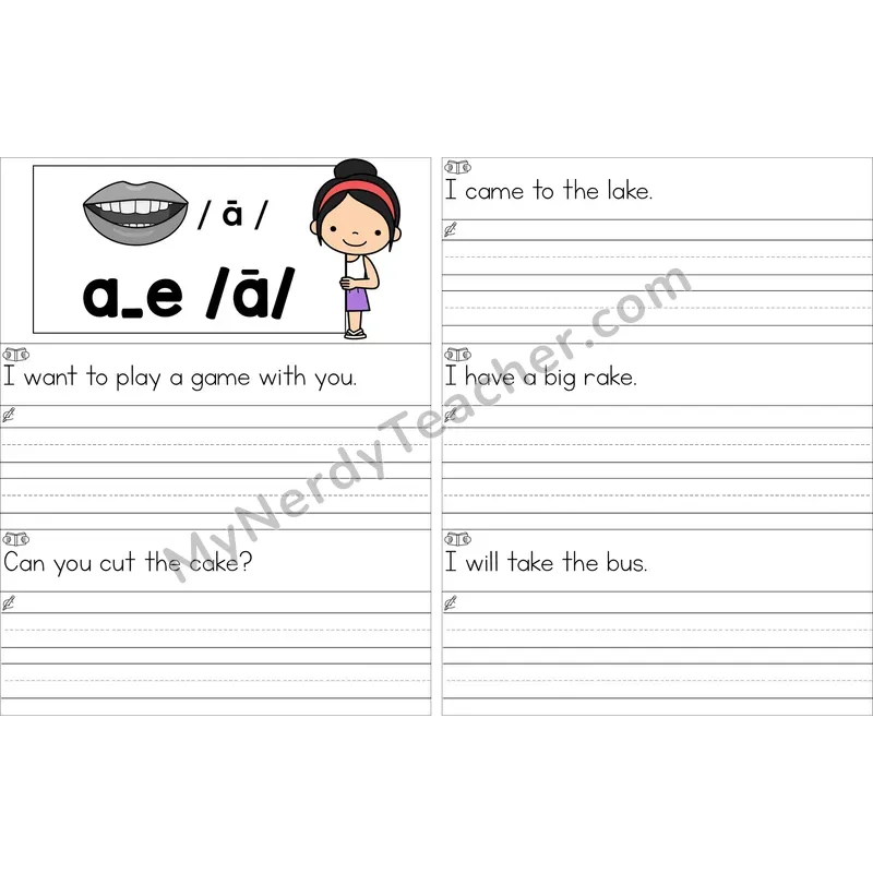 Editable a_e (Long A VCe) Read and Write Sentences (Color)