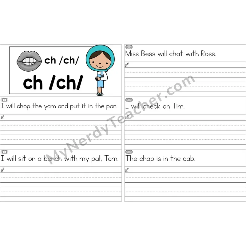 Editable ch Digraph Read and Write Sentences (Color)