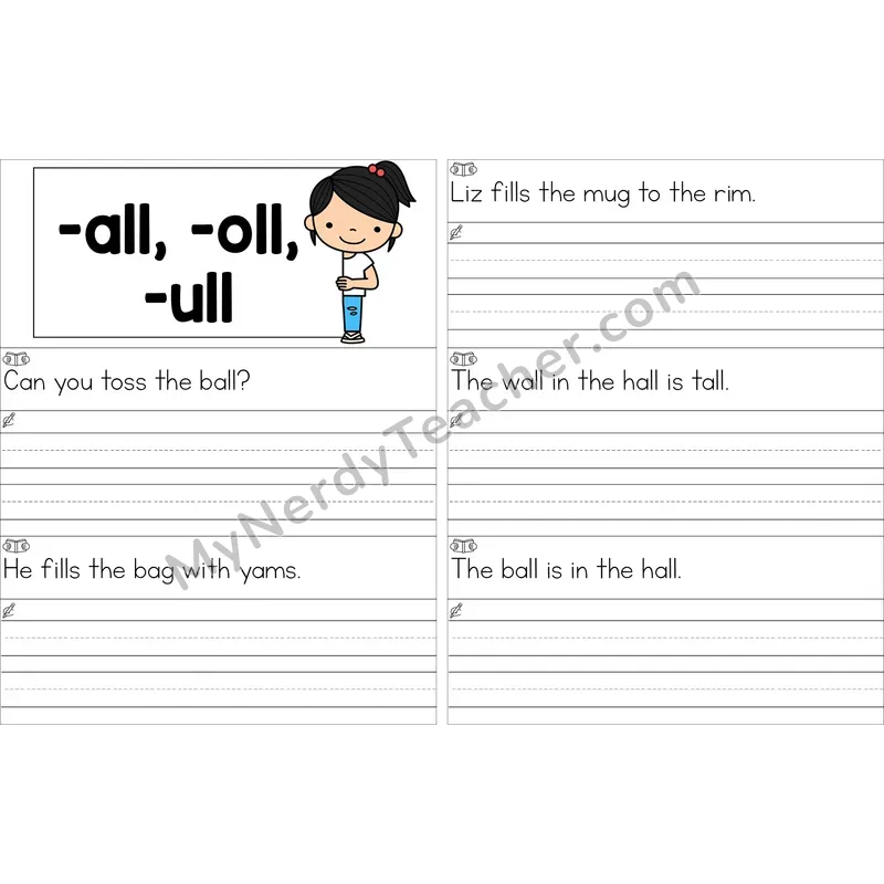 Editable Glued Sounds -all, -oll, -ull Read and Write Sentences (Color)