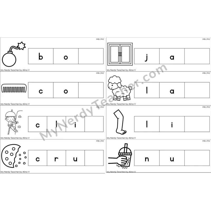 Silent mb Missing Ending Sounds Word Cards (Black and White)
