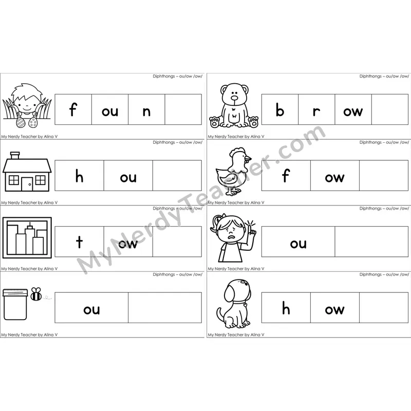 ou, ow Diphthong Missing Ending Sounds Word Cards (Black and White)