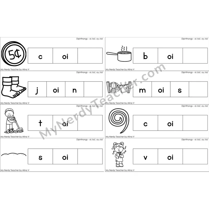 oi, oy Diphthong Missing Ending Sounds Word Cards (Black and White)