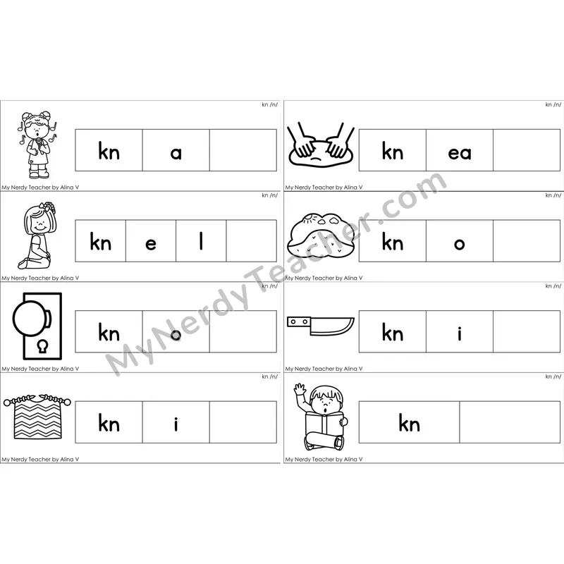 Silent kn Missing Ending Sounds Word Cards (Black and White)