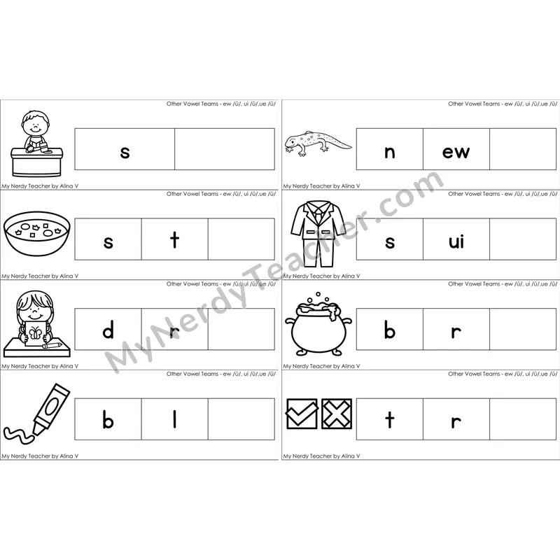 ew, ui, ue Vowel Team Missing Ending Sounds Word Cards (Black and White)