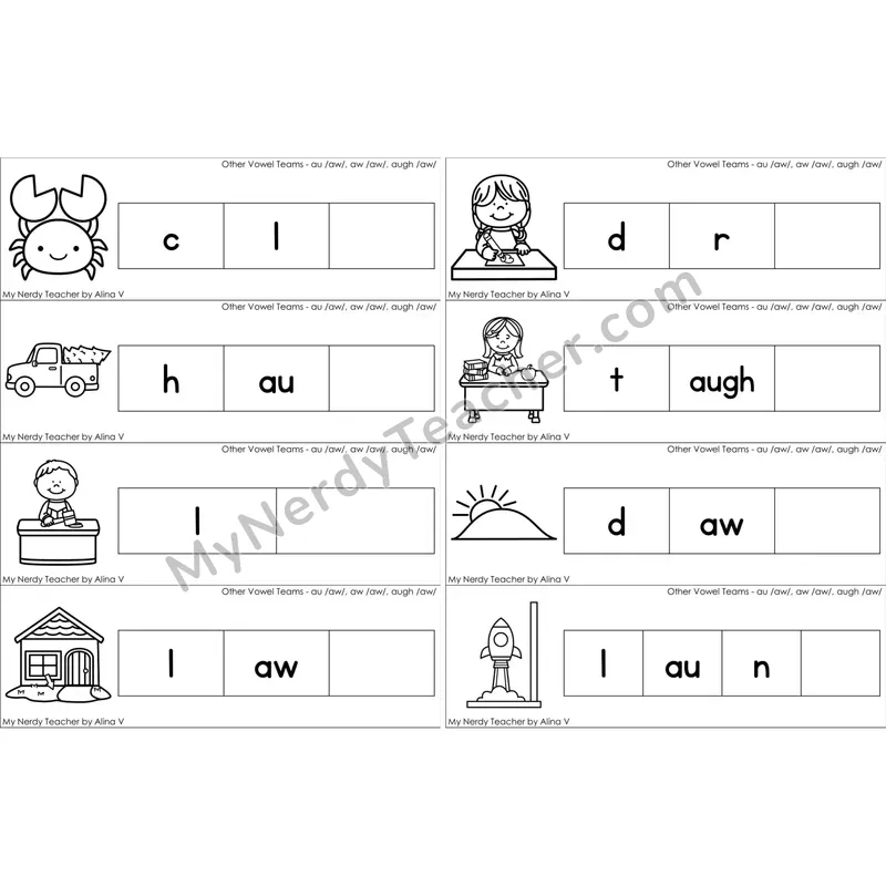 au, aw, augh Vowel Team Missing Ending Sounds Word Cards (Black and White)