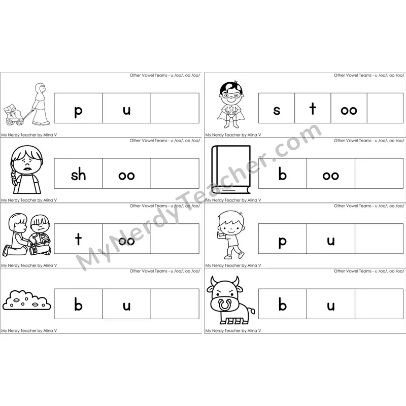 oo (long oo sound) Missing Ending Sounds Word Cards (Black and White)