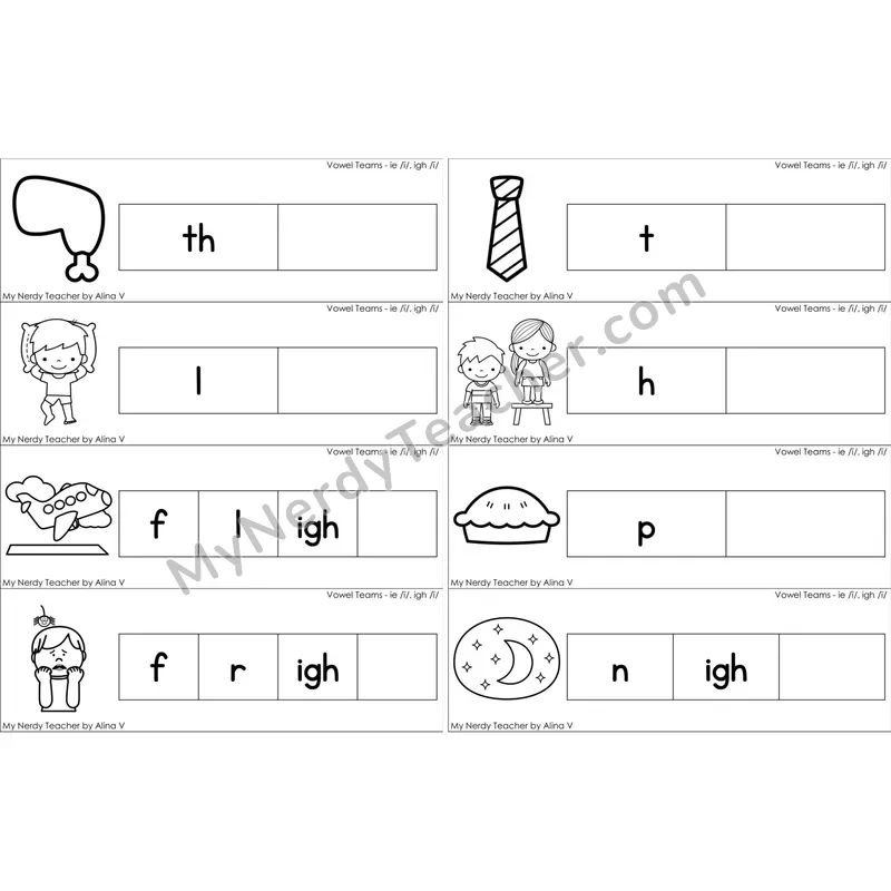 ie, igh Vowel Team Missing Ending Sounds Word Cards (Black and White)