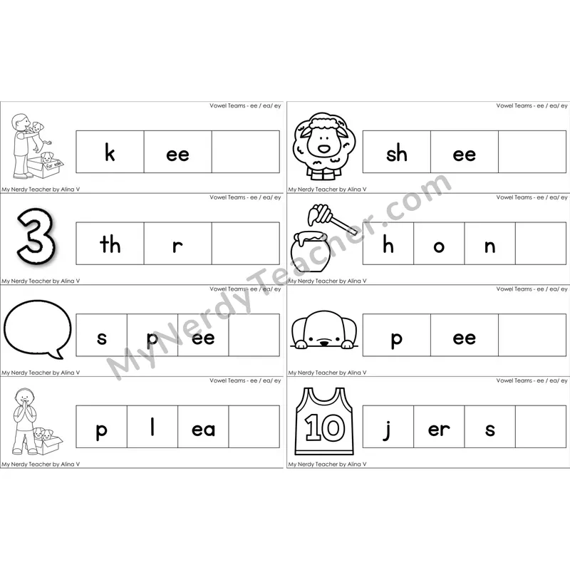 ee, ea, ey Vowel Team Missing Ending Sounds Word Cards (Black and White)