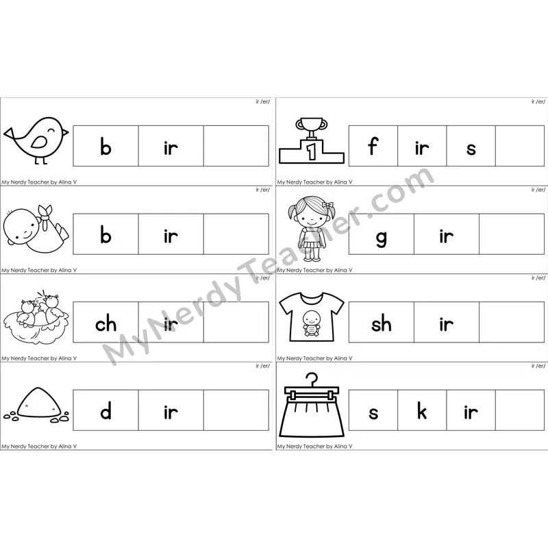 ir (R-Controlled) Missing Ending Sounds Word Cards (Black and White)