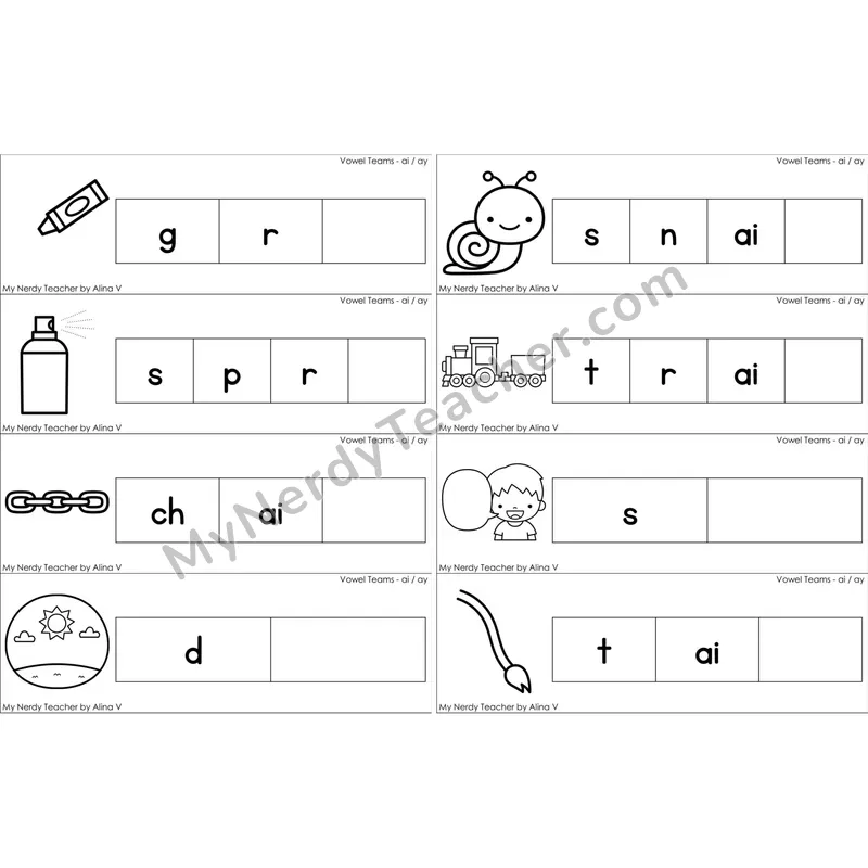 ai, ay Vowel Team Missing Ending Sounds Word Cards (Black and White)